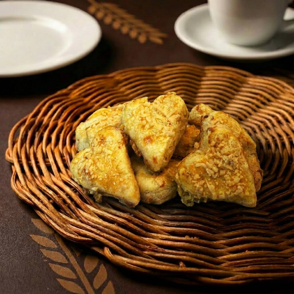 Pequeno no tamanho, gigante no sabor! Nosso coração de parmesão é crocante por fora, macio por dentro e com aquele toque marcante de queijo que conquista em qualquer hora do Dia. Perfeito para acompanhar um café ou servir como petisco. • Diferencial: preparo artesanal e sabor intenso de parmesão. • Alergênicos: contém leite, ovos e glúten.