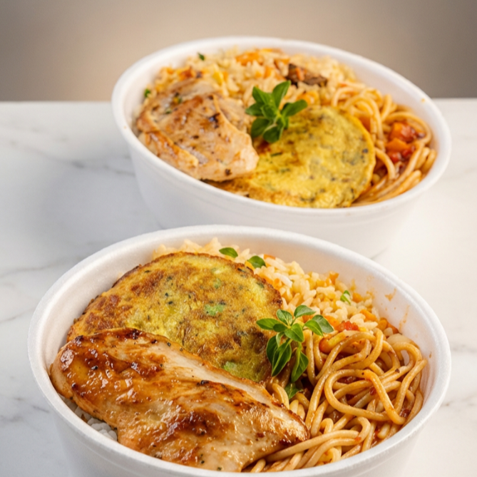 Acompanha: Arroz, Feijão preto, Macarrão, legumes refogado, fritas e saladas