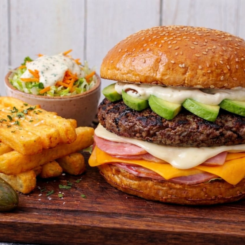 Hamburguesa de Res con Papas y Ensalada