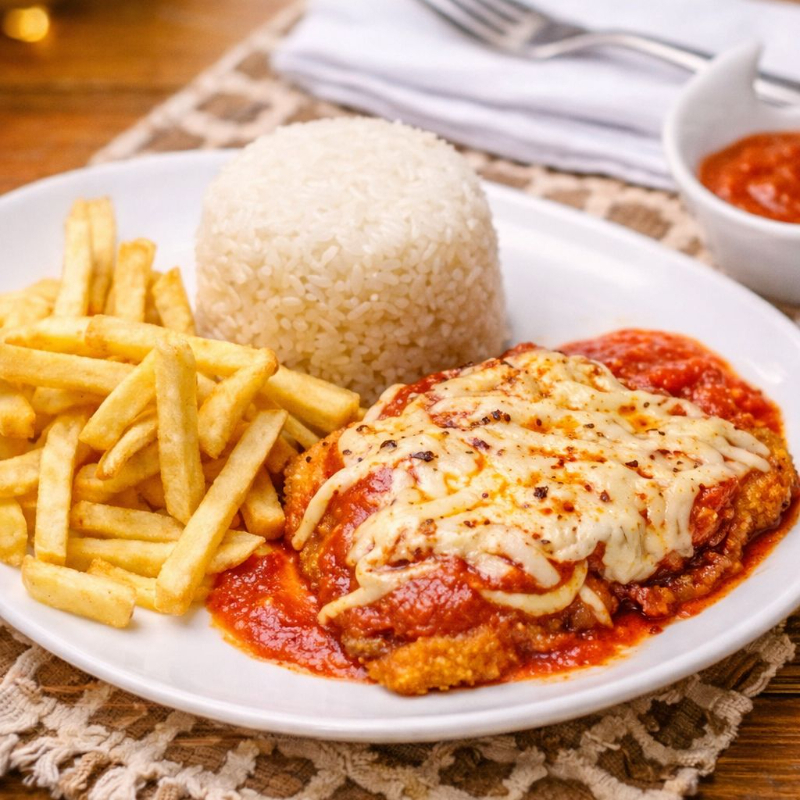 Arroz, parmegiana de frango e fritas