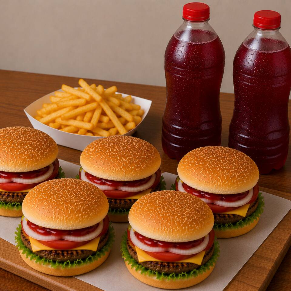 5 Hamburguesas Clásicas, Porción Papas, y Agua🍔🍟