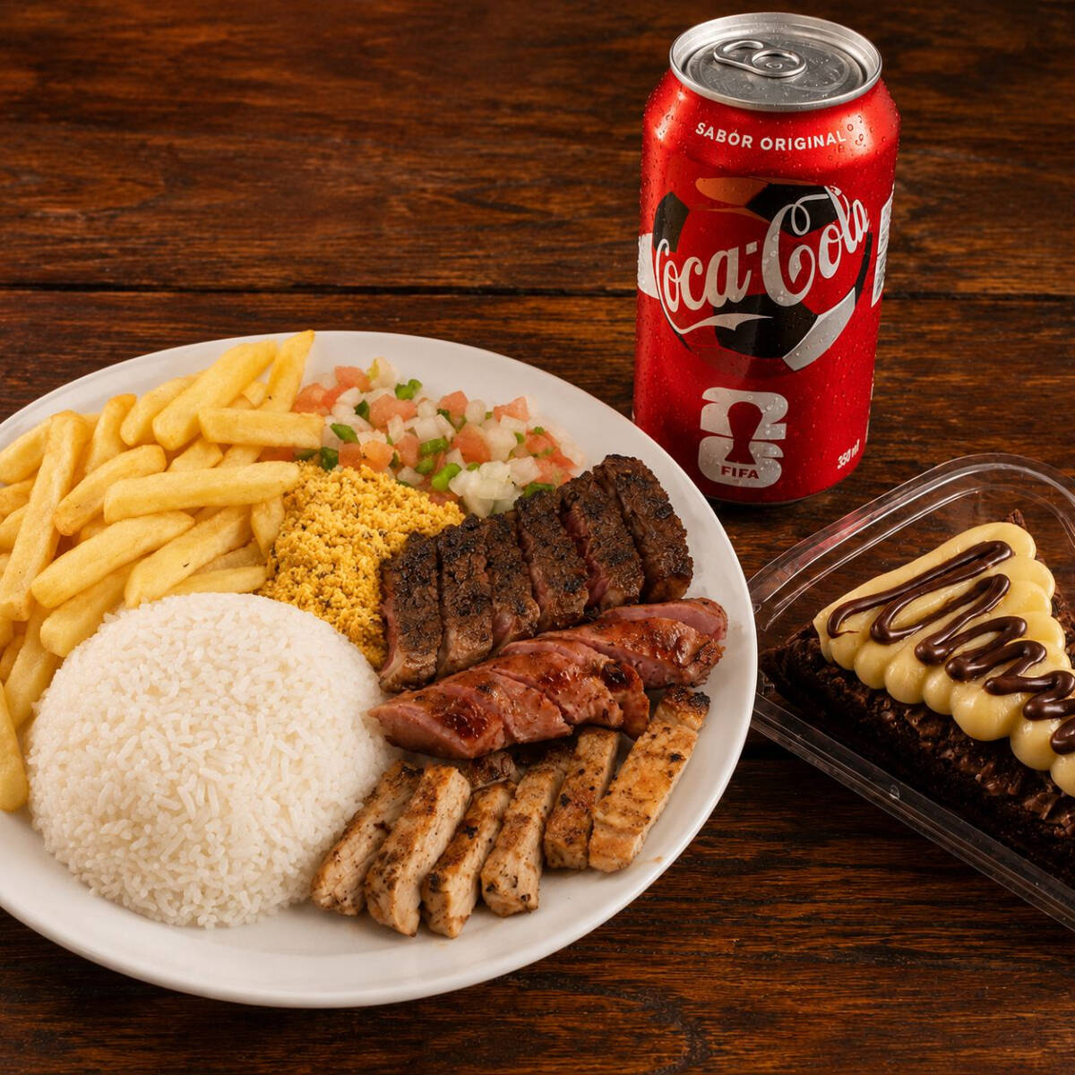 Combo do Rei: Prato completo com arroz, farofa, molho, batata frita ou maionese, e 3 opções de proteína + 1 Sobremesa + 1 lata de refrigerante à sua escolha.