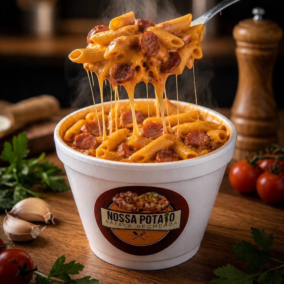 PENNE,CARNE MOIDA ,MOLHO BRANCO,MOLHO DE TOMARE,MUSSARELA,MILHO,BACON