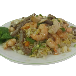 Arroz, ovo desfiado, cenoura, cebolinha, carne, frango, calabresa e camarão