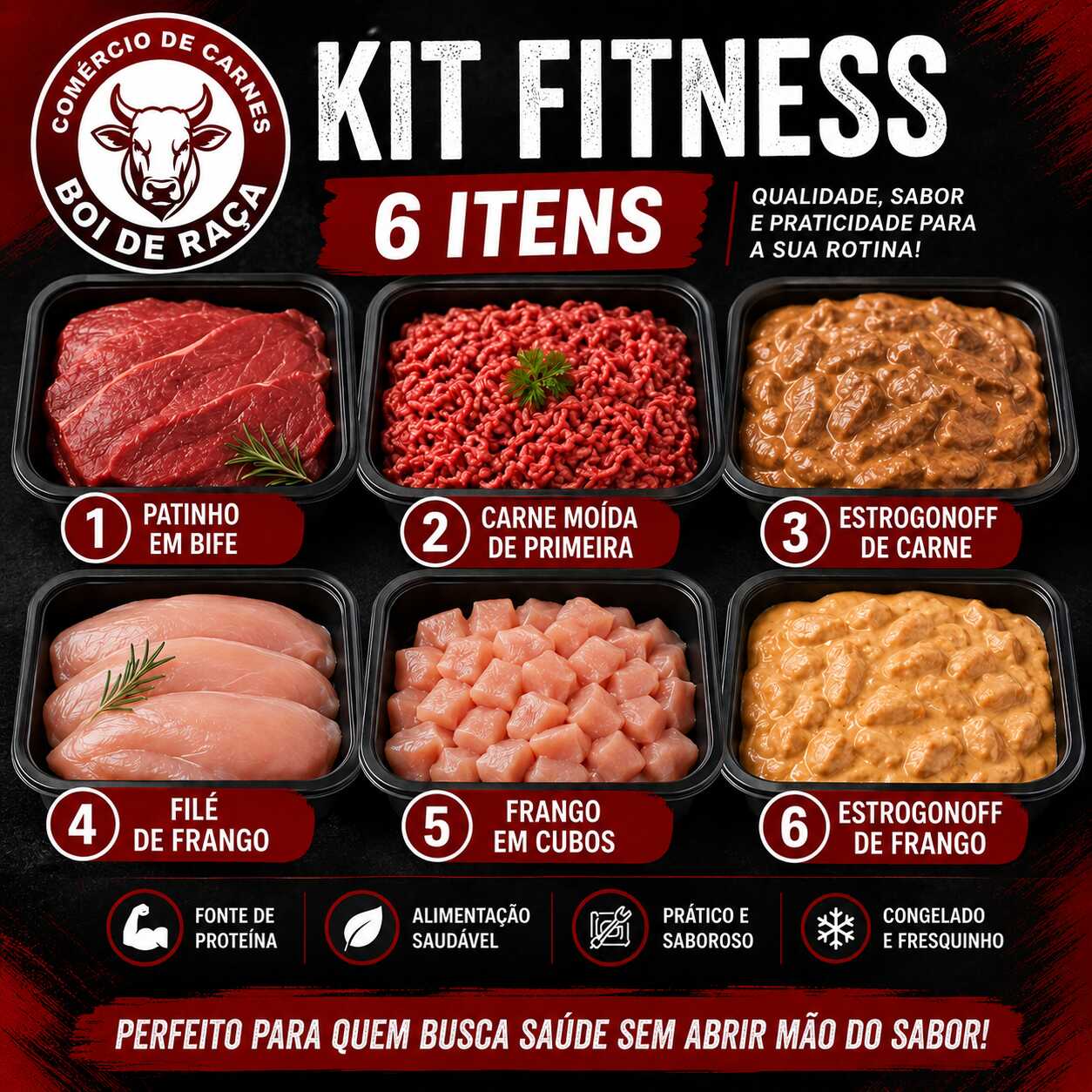 Mantenha o foco na dieta com carnes frescas e selecionadas! Nosso Kit Fitness foi pensado para facilitar a sua rotina de marmitas e preparos rápidos, com porções ideais e cortes magros de altíssima qualidade.