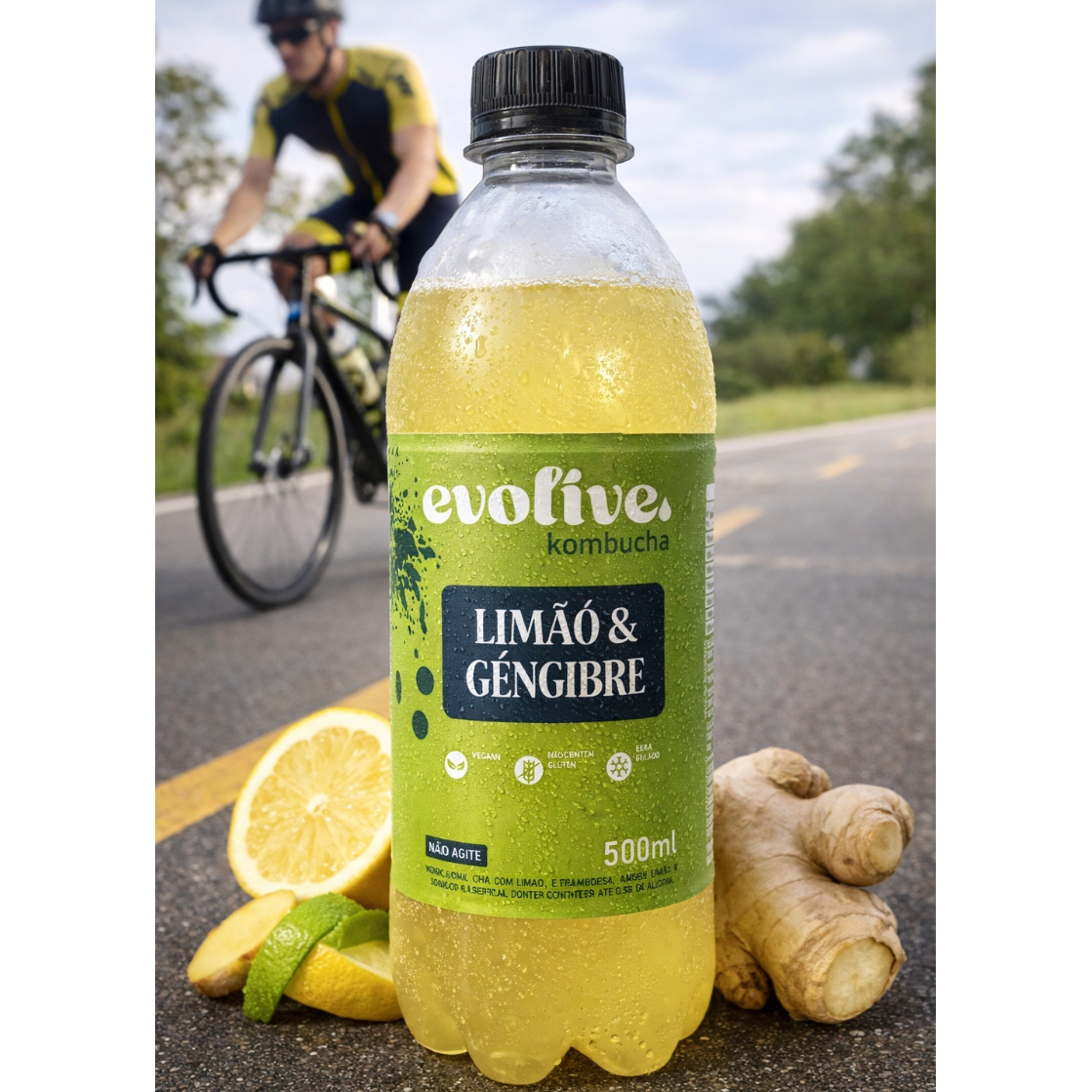 Kombucha Artesanal 500ml – Limão & Gengibre. Bebida funcional naturalmente fermentada, rica em probióticos e com gaseificação natural. Refrescante, cítrica e com leve picância do gengibre. Opção saudável para substituir refrigerantes, sem conservantes artificiais. Ideal para consumo individual. Peça mais de um sabor.