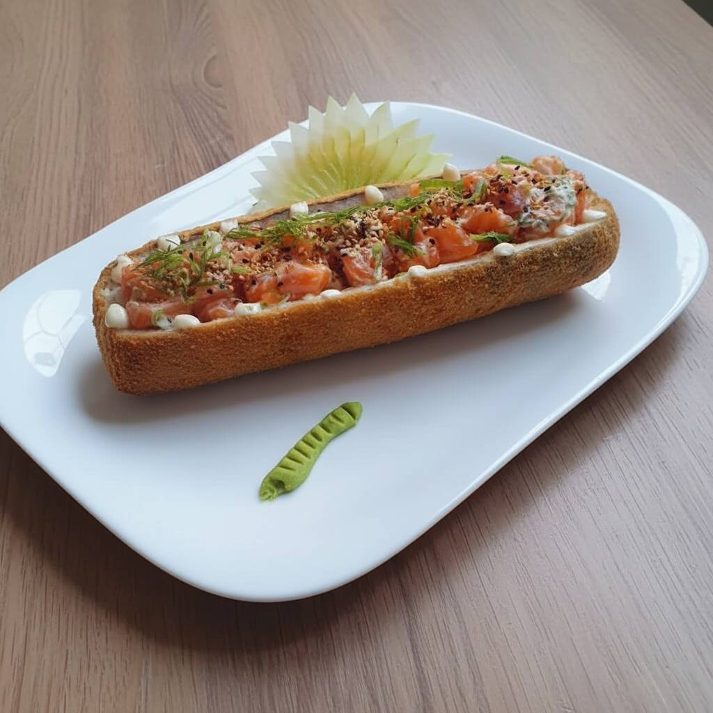 Hot frito, empanado e aberto, salmão em cubos, cream cheese, cebolinha, gergelim, molho tarê.