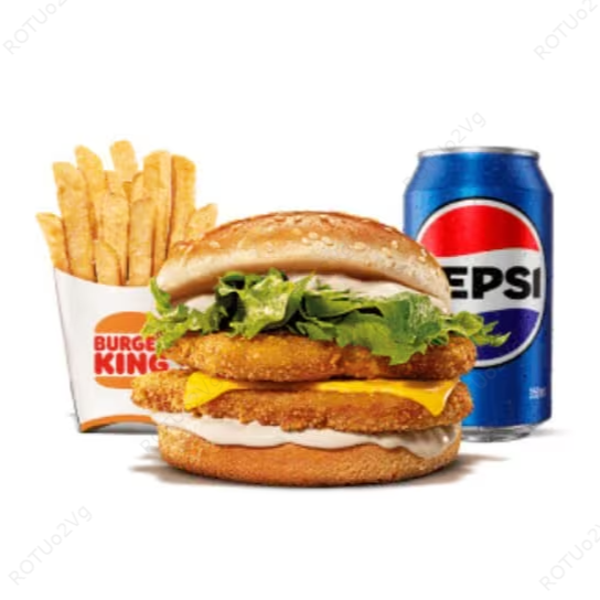 2 frangos crocantes, queijo derretido, salada fresca (alface) e maionese Bk. Acompanha batata frita e bebida.