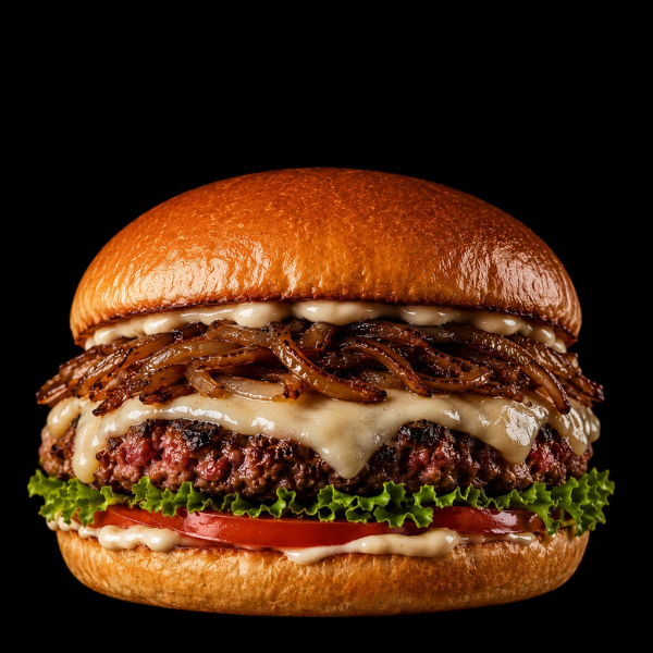 Hambúrguer de Costela 210g, Muçarela, Maionese de Alho, Cebola Caramelizada, Alface e Tomate. Um Burguer Completo, Defumado e Repleto de Camadas de Sabor!