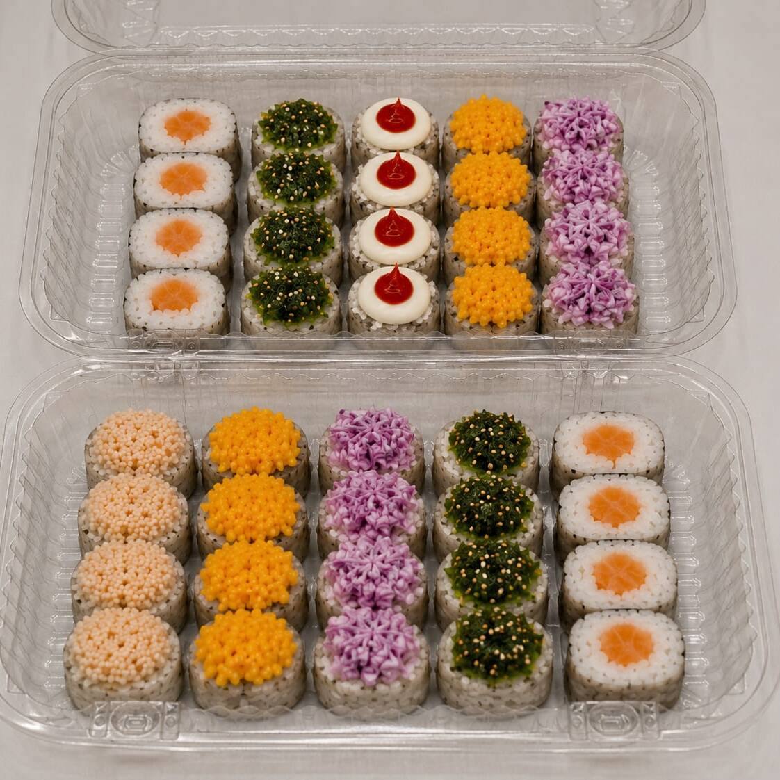 10 Hossomaki Salmão
5 Uramaki Crispy Alho Poró
5 Uramaki Couve Crispy
5 Uramaki Coco Tostado
5 Uramaki Cebola Roxa
5 Uramaki Doritos
5 Uramaki Pimenta Biquinho.
Obs: Os Uramakis tem apenas cream cheese por dentro.