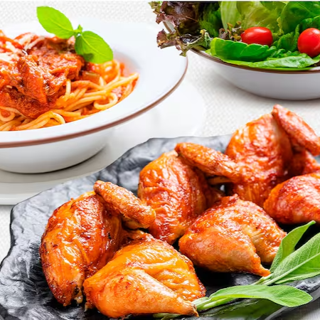 Galeto 2 pedaços + massa fresca com molho 300g (spaghetti ou tagliarini)