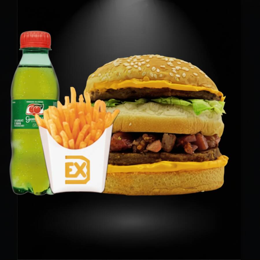 O combo Big Cheddar Bacon vai com uma generosa porção de bacon defumado, duas carnes, alface fresquinho queijo cheddar derretido num pão fofinho. Acompanha 1 Exfritas e cortesia refri de 200 ml