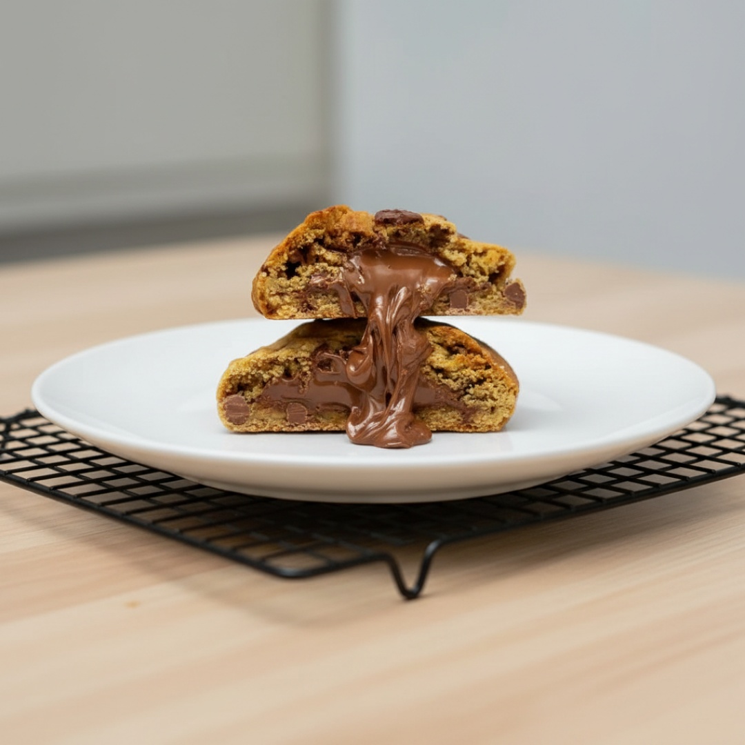 Nossa tradicional massa ciocco amanteigada com gotas de chocolate ao leite e muito recheio de Nutella