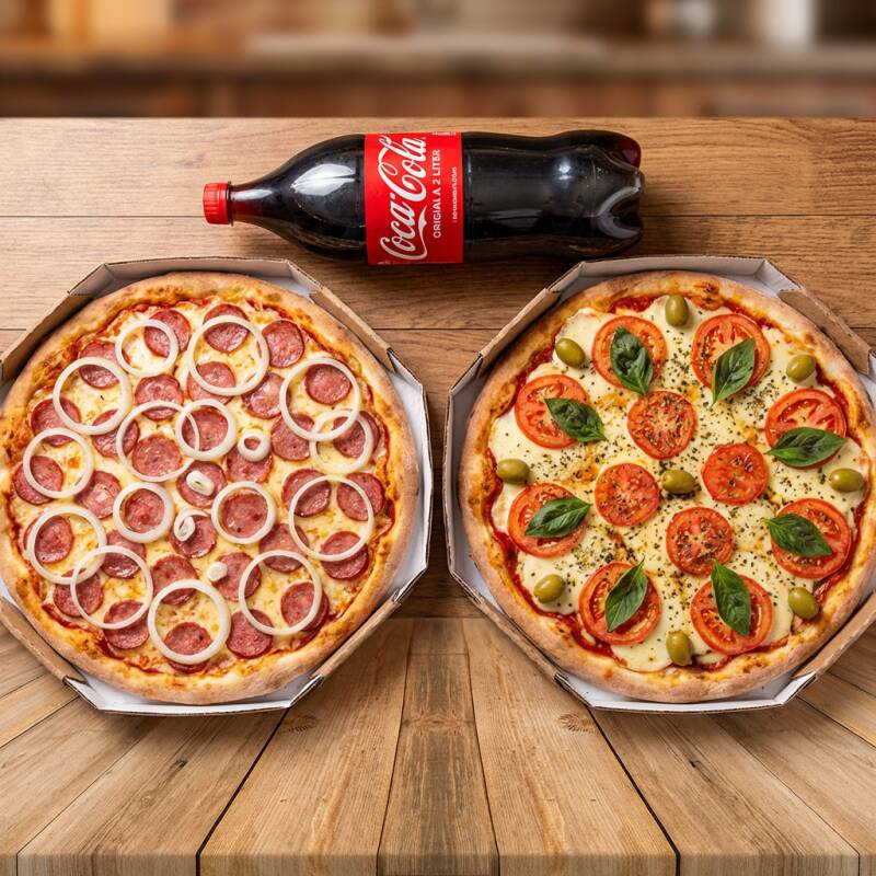 Pizza Marguerita acompanha
Mussarela tomate manjericão orégano azetona verdes
Pizza De Calabresa E Cebola