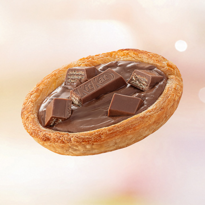 Nossa tradicional massa folhada crocante recheada com pasta de KITKAT® e coberto com deliciosos pedaços de KITKAT®.