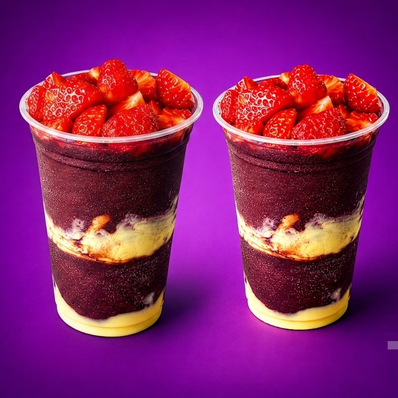 Açaí tradicional, creme leitinho e morango.
