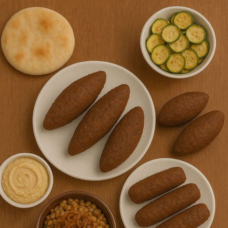 3 kaftas  2 kibes fritos 3 kibes de forno de carne Arroz com lentilha e cebola frita Porçao de pasta de grao de bico Chips de abobrinha Pao arabe aperitivo