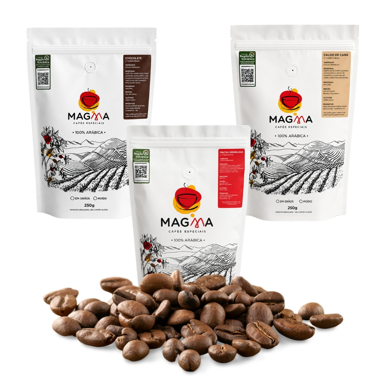 Kit contendo 3 pacotes de cafés especiais em grãos (Chocolate, Caldo de Cana, Frutas Vermelhas). Cada embalagem contém 250g de cafés em grãos.