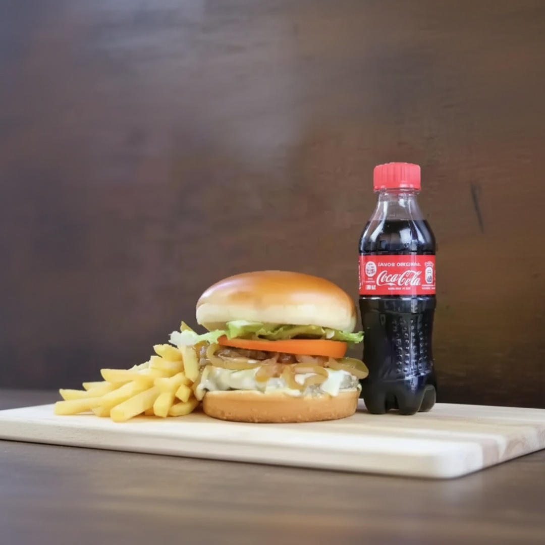 Pão especial, carne artesanal assada 100g , ovo assado ,molho de queijo cheddar,saladas (cebola caramelizada) e molho especial +batata frita e Coca Mine pet 275ml