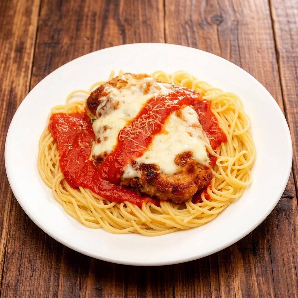 Marmita com delicioso filé de frango á parmegiana(empanado na massa crocante, coberto com molho de tomate e queijo mussarela) acompanhado com macarrão espaguete suculento al dente. ( Marmita Indicada para 01 pessoa)