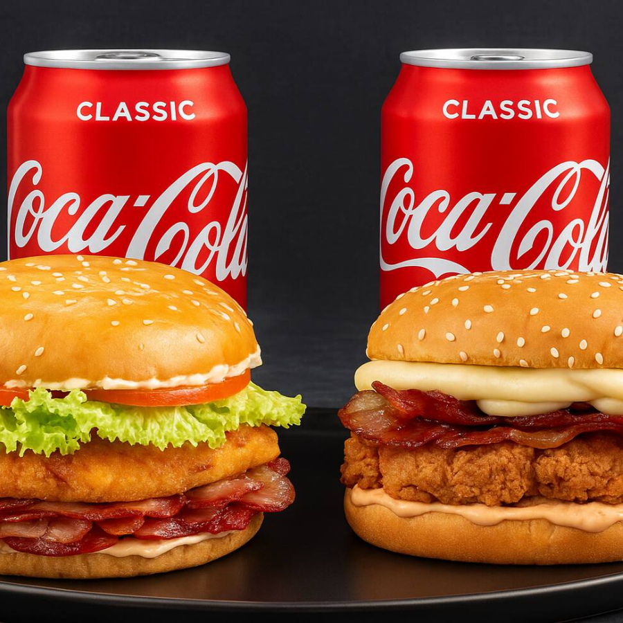 Escolha seus chickens burgers favoritos para combinar com refrigerantes geladinhos e 2 porções de fritas crocantes!