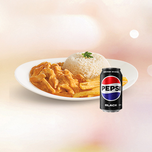 Delicioso Estrogonofe de Frango com Arroz e Fritas + Refrigerante lata.