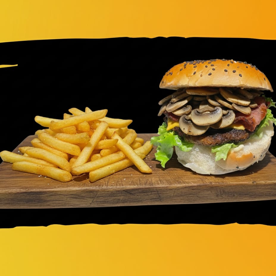 Burger Bacon Champiñon con papas