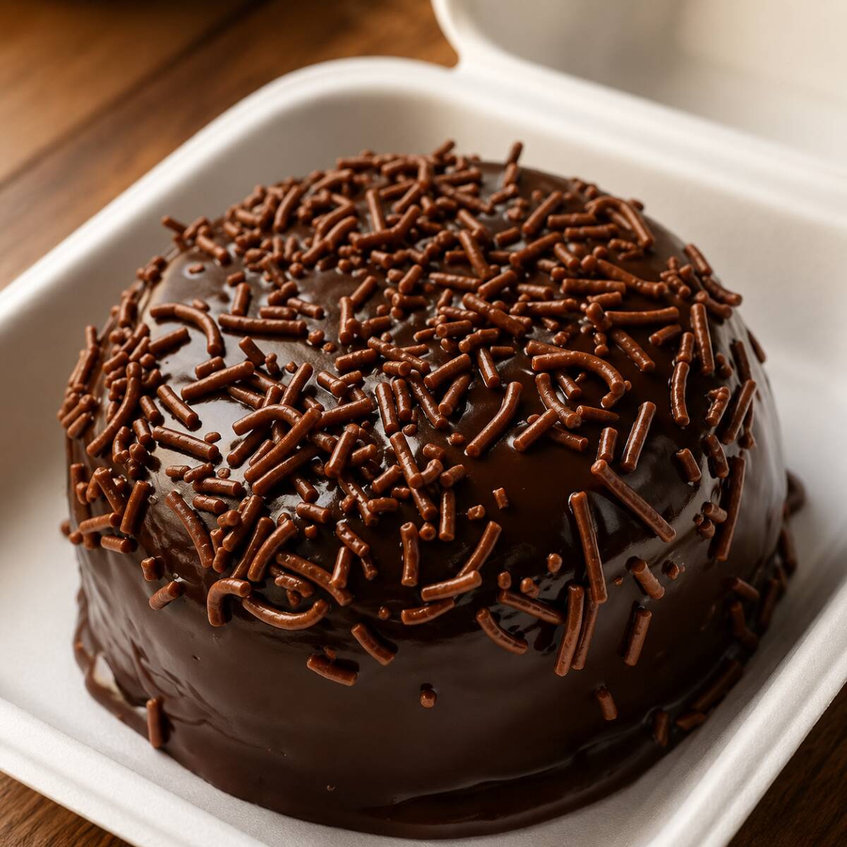 Mini bolo vulcão com massa de chocolate fofinha, com recheio de brigadeiro cremoso, finalizado com granulado. Peso aproximado: 220g. Serve 1 pessoa.