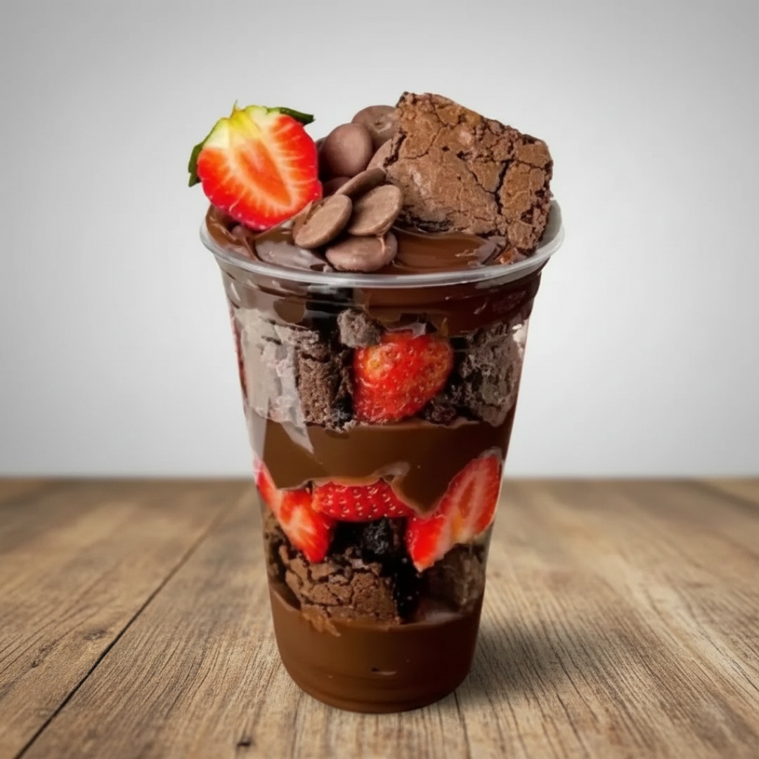 Delicioso copo chocomorango com Brigadeiro Gourmet, Brownie, Morango, Finalizado com Brigadeiro Gourmet, Gotas de Chocolate, Morango e Brownie. Serve 1 pessoa