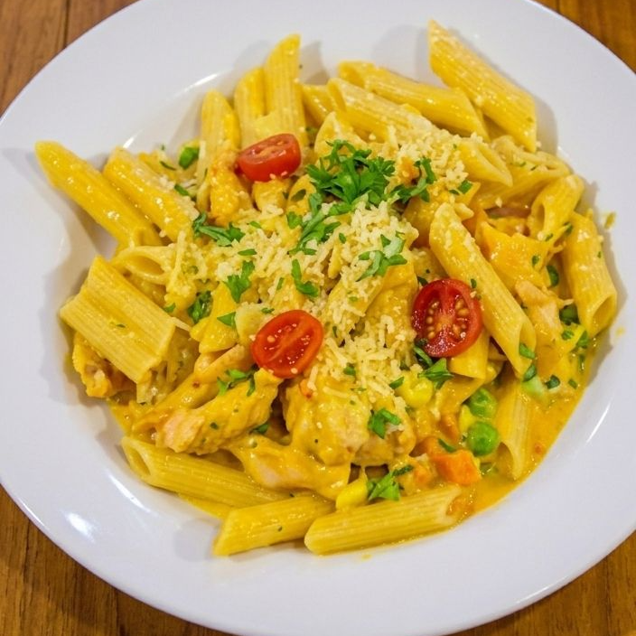 filé de frango em tiras, molho a base de requeijão, tomate, seleta de legumes, salsa e massa a sua escolha