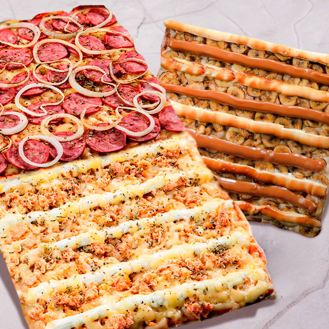 Pizza gigante (50 cm x 25cm) com dois sabores irresistíveis: calabresa — molho de tomate da casa, queijo mussarela derretido, deliciosa calabresa Frimesa fatiada, cebola fresquinha e um toque de orégano; e frango com Catupiry — molho de tomate da casa, frango desfiado e temperado, Catupiry, queijo mussarela derretido e um toque de orégano. Acompanha uma pizza Média (25cm X 25cm) de Banana Nevada, com banana fatiada, chocolate branco forneado crocante, doce de leite cremoso Santa Maria e finalizada com canela.