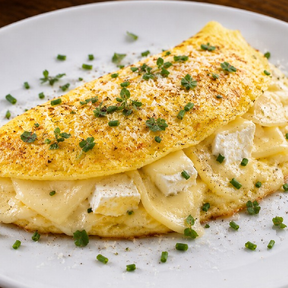Nossa Omelete é preparada com 03 Ovos, Queijo Branco, Muçarela, Provolone e Parmesão.