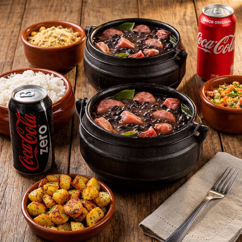 2x Feijoadas completas Pequena, 2x Porção de Batata Crocante + 2x Coca-Cola 200ml