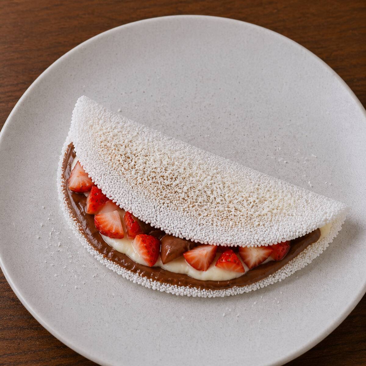 Tapioca Feita Com Massa 100% Artesanal, Recheada Com Creme De Ninho, Nutella, leite ninho em pó e Morangos orgânicos. Uma Combinação cremosa, Doce E Irresistível.