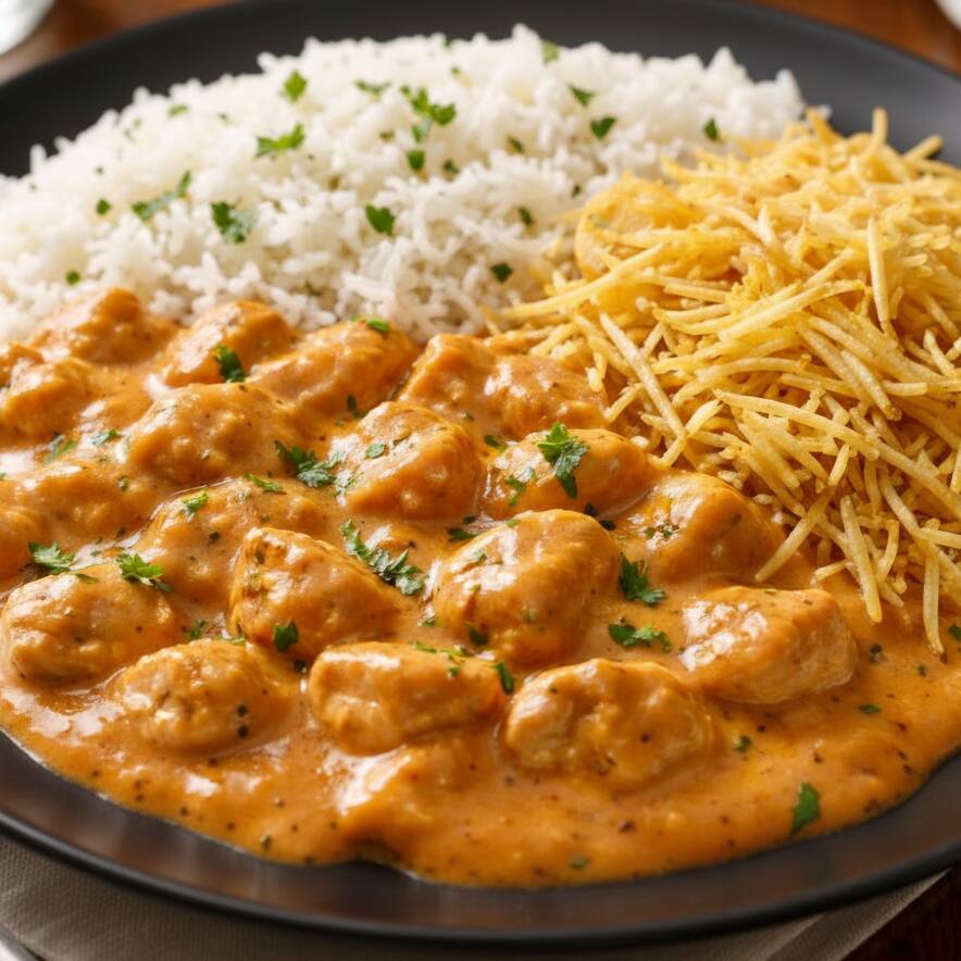 Esse é o Delicioso Strogonoff Cremoso de Frango, preparada com muito sabor e carinho! Acompanha arroz soltinho e batata palha crocante, na medida certa pra matar a fome 😋. Tudo servido em marmitex de isopor redonda (700ml), bem montada e caprichada.