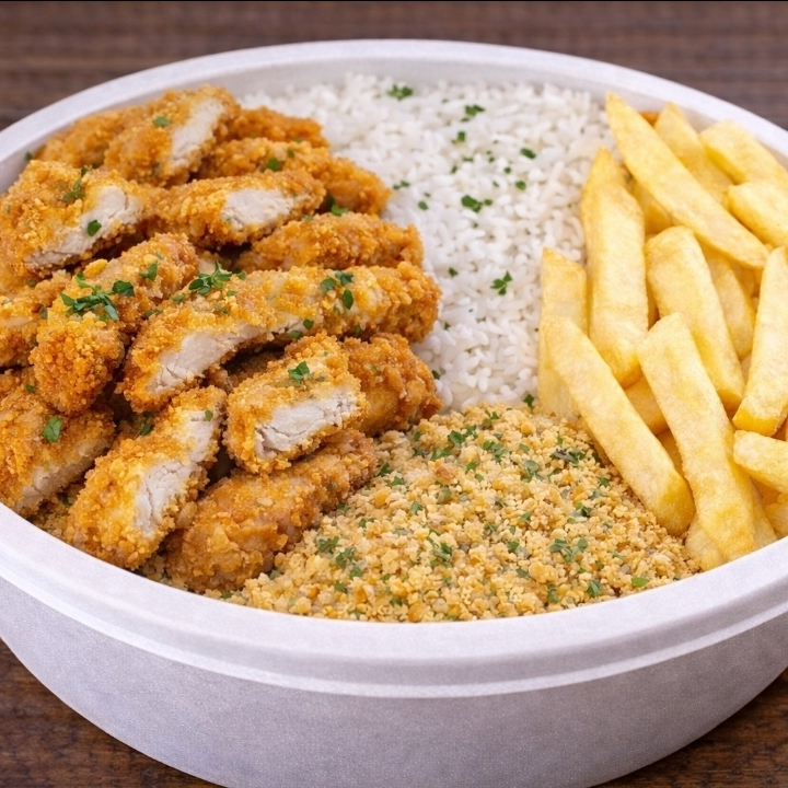 Iscas de frango à milanesa bem crocantes e sequinhas 🔥 Com arroz soltinho, batata frita e farofa — Não acompanha feijão.