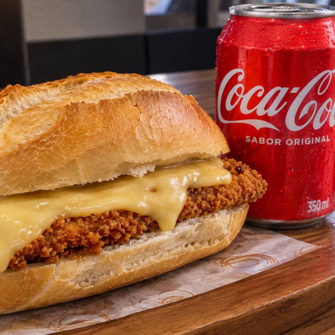 sanduiche de pão francês + empanado de frango + mussarela + coca cola lt 350ml