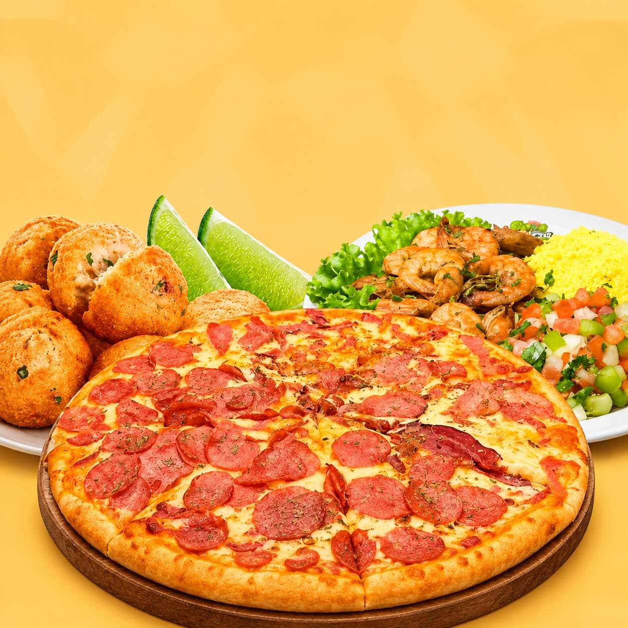 O 'Combo Premium' é uma experiência gastronômica inigualável. Comece com um delicioso Tira Gosto de Camarão ao Alho e Óleo, pesando generosos 250g, perfeitamente cozidos e temperados. Desfrute em seguida de uma suculenta Pizza Grande, com a flexibilidade de escolher 2 sabores ao seu gosto. Para completar esta experiência única, o combo inclui 6 unidades de um requintado Bolinho, com opções de Charque, Bacalhau e Camarão para adicionar um sabor único à refeição. Tudo isso reunido com perfeição em um único combo!