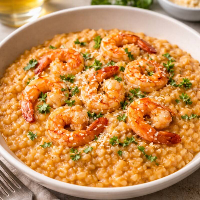 Arroz arbóreo, camarões frescos salteados no alho e finalizados com creme de mascarpone, e raspas de limão siciliano.