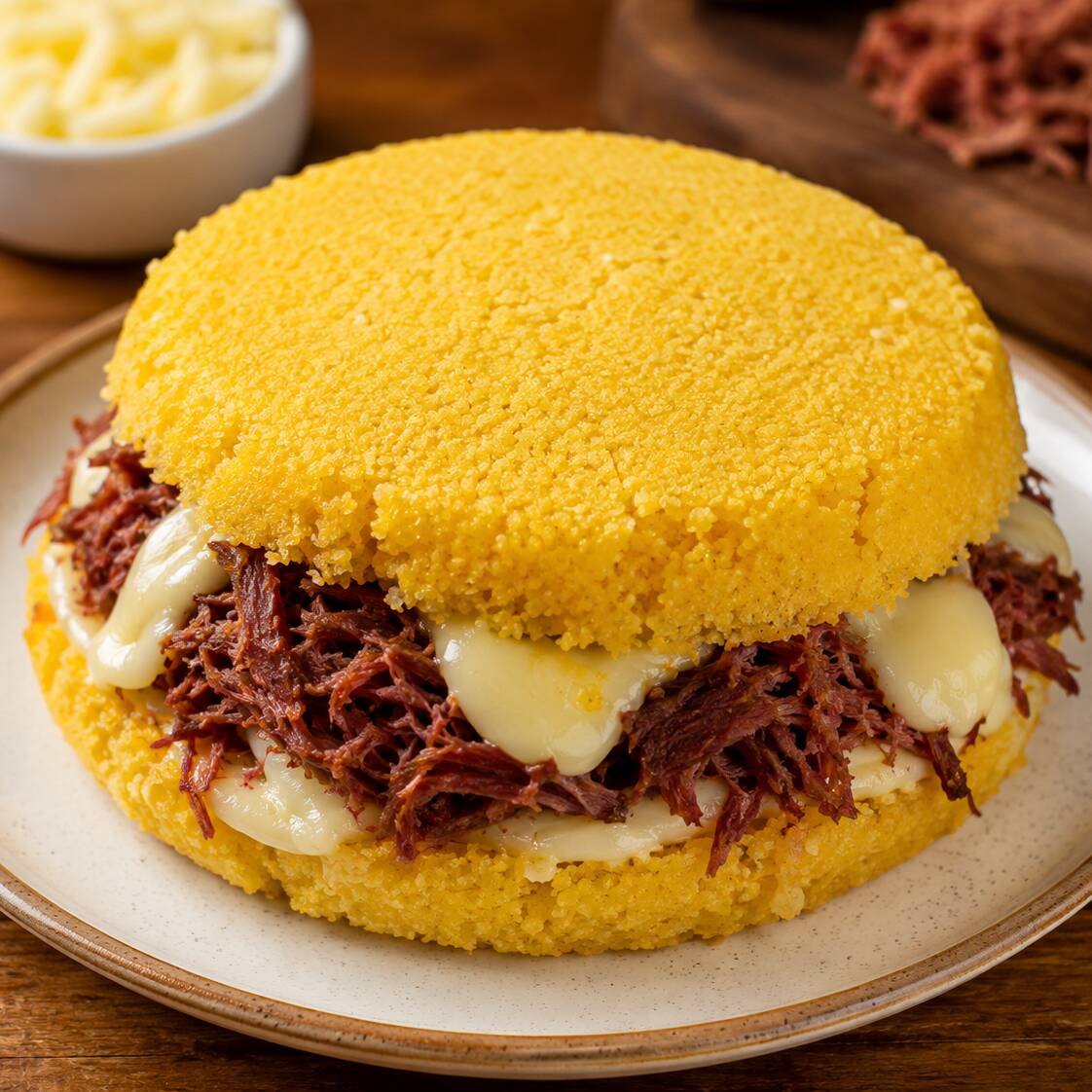Cuscuz quentinho e preparado na hora, recheado com carne seca desfiada e bem temperada, combinada com queijo branco derretido. Uma combinação equilibrada, saborosa e cheia de tradição, perfeita para quem aprecia ingredientes selecionados e muito sabor em cada garfada.