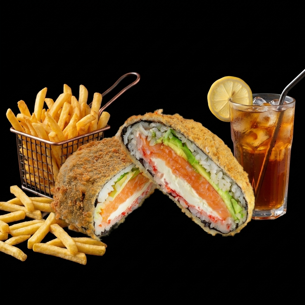 1 Sushi Burger Pescado + Papas Fritas + Té Frío