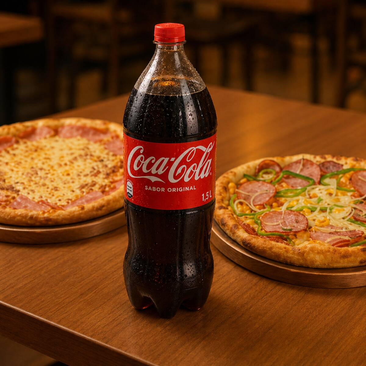 Duas pizzas grandes com 6 fatias cada + 1 refri de 1,5l à sua escolha, preparadas com massa leve e recheio caprichado. Uma opção perfeita para dividir, variar sabores e deixar todo mundo satisfeito.