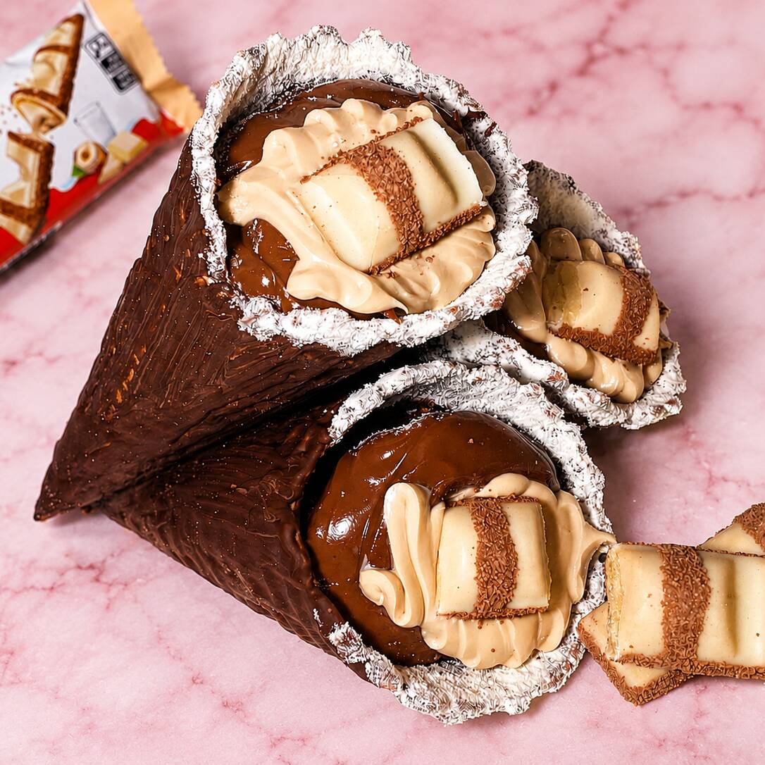 Delicioso cascão trufado, banhado em chocolate blend, recheado c/ creme Bueno gourmet, brigadeiro de ninho cremoso e nosso creme belga , finalizado c/ bombom Kinder Bueno !