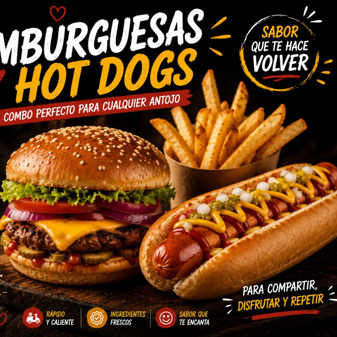 Paquete de Una Hamburguesa Papas y Hot Dog
