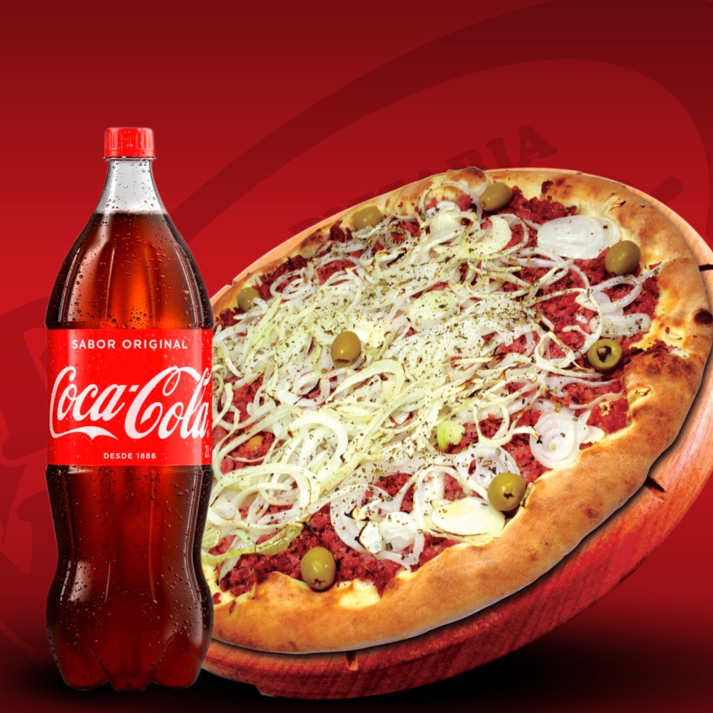 Pizza grande baiana 8 pedaços mais uma coca cola 2 litros
