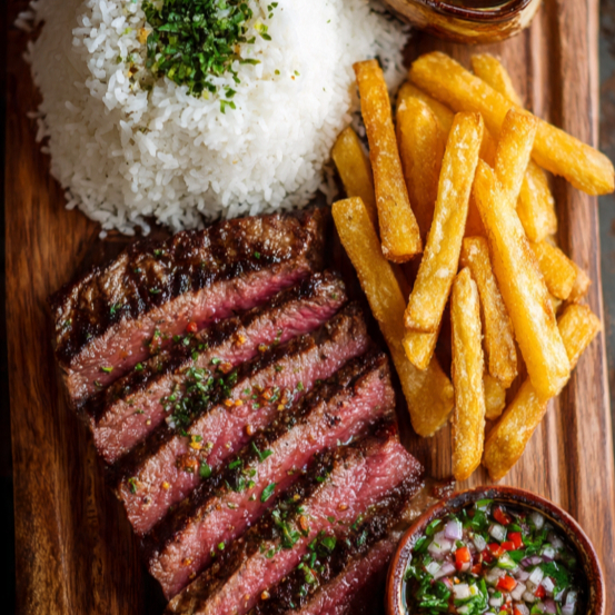 Nossa deliciosa Picanha vai acompanhada de arroz, farofa de ovos, molho à campanha e fritas.