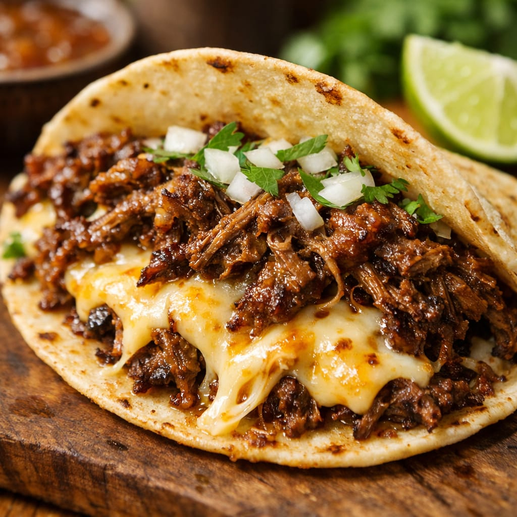 4 Tacos de Barbacoa con Queso