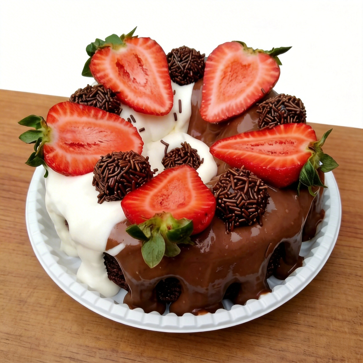 ️️Massa fofinha de chocolate, cobertura de brigadeiro, cobertura de mousse de leite Ninho, por fim brigadeiros e morangos em sua decoração. Serve 10 generosas fatias.
