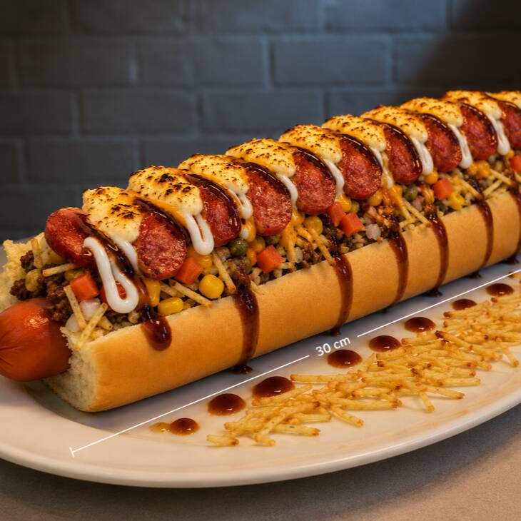 Pao,salsicha,carne moida, calabresa.cheddar,Catupiry,cebola,tomate,milho,cenoura,ervilha,batata palha,pure,queijo maçaricado, barbecue, maionese (caseira)