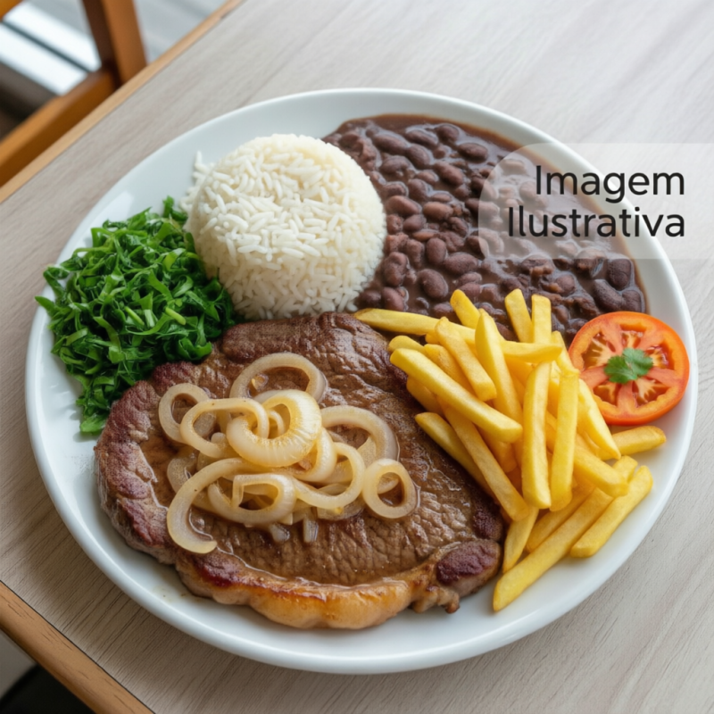 Bife acebolado saboroso servido com arroz, feijão e uma porção de batata frita.